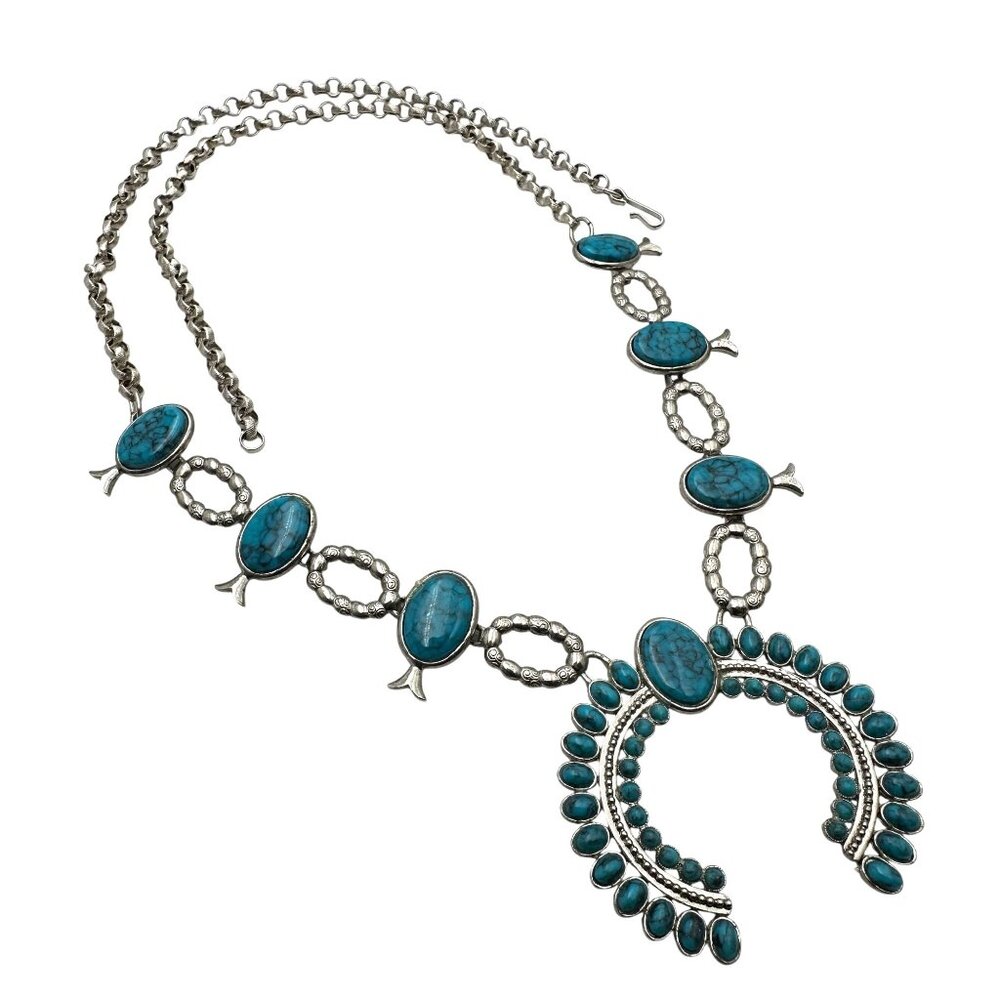 Vintage Faux Turquoise Silver Tone Squash Blossom Necklace NOS Costume Fashion